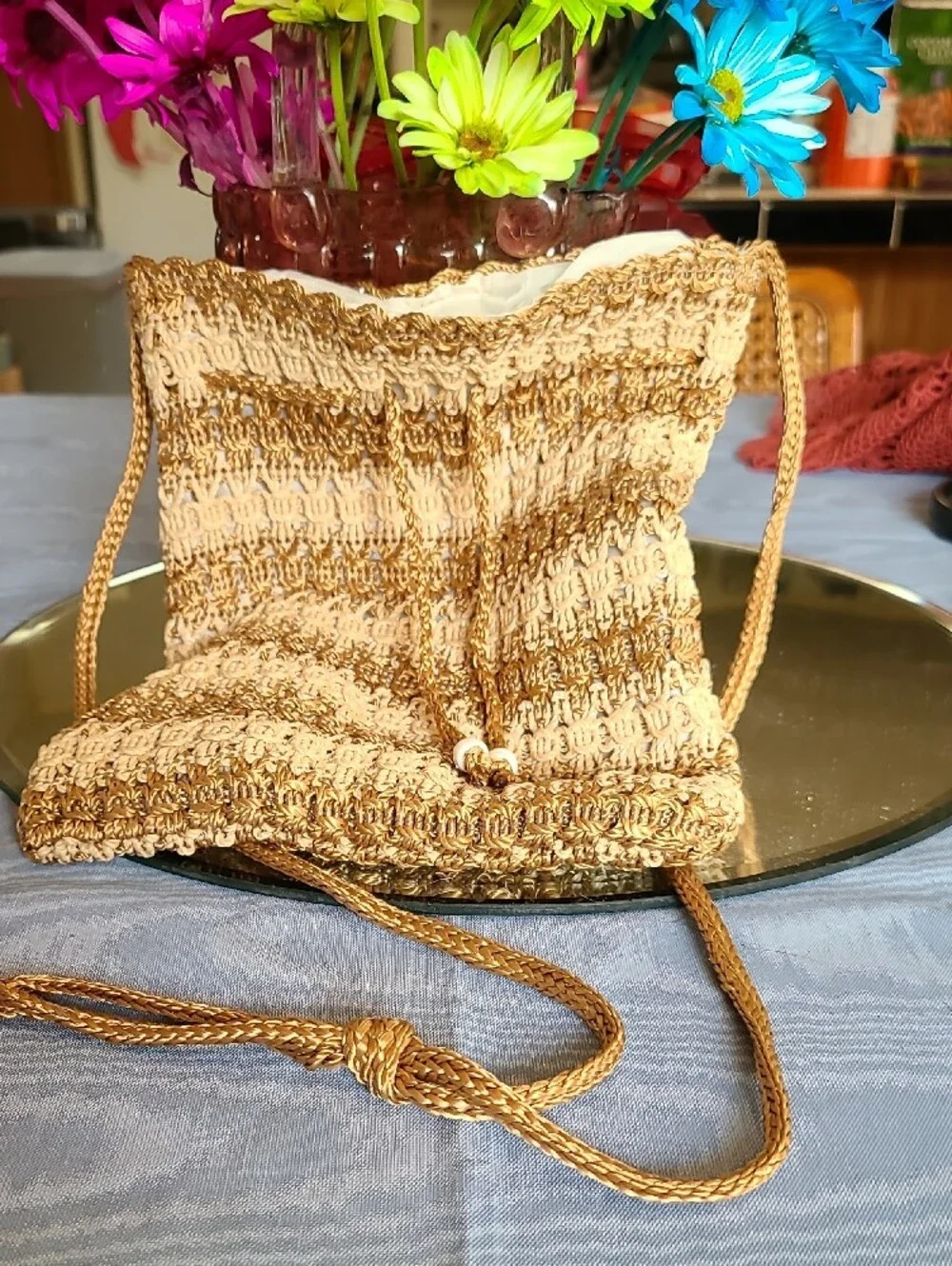 Handwoven Gold Crochet Drawstring Bag